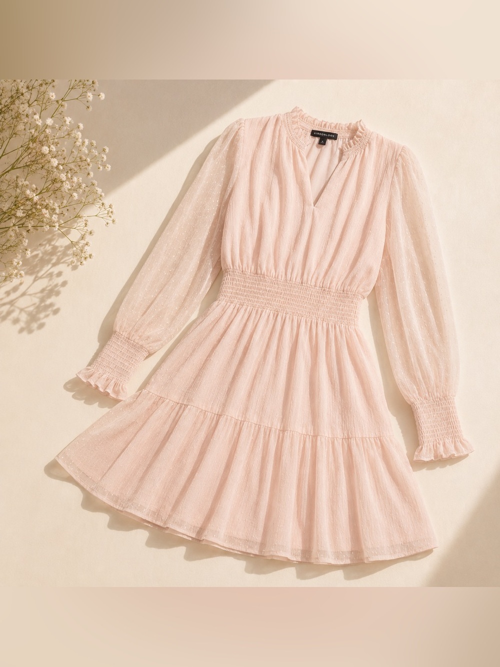Gibsonlook Blush Pink Sheer Sleeve Smocked Waist Medium Cottagecore